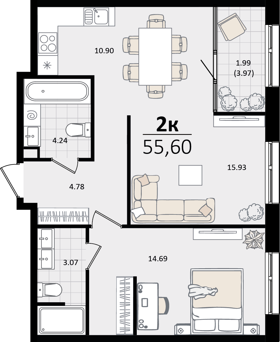 2 комн. квартира, 55.6 м², 2 этаж 