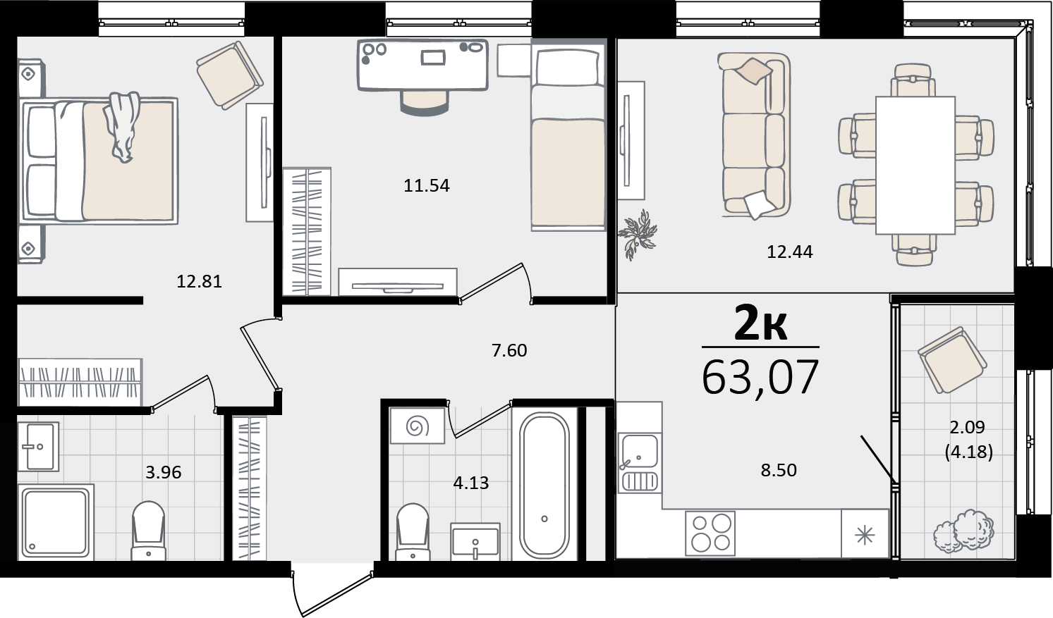 3 комн. квартира, 63.1 м², 11 этаж 