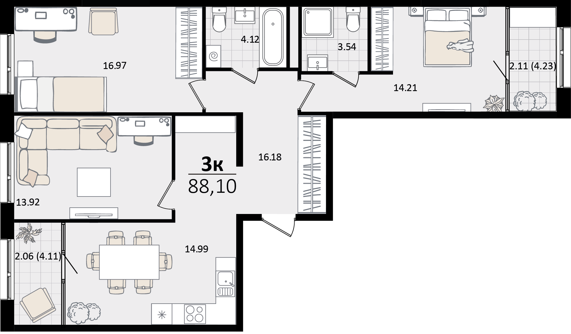 3 комн. квартира, 88.1 м², 2 этаж 
