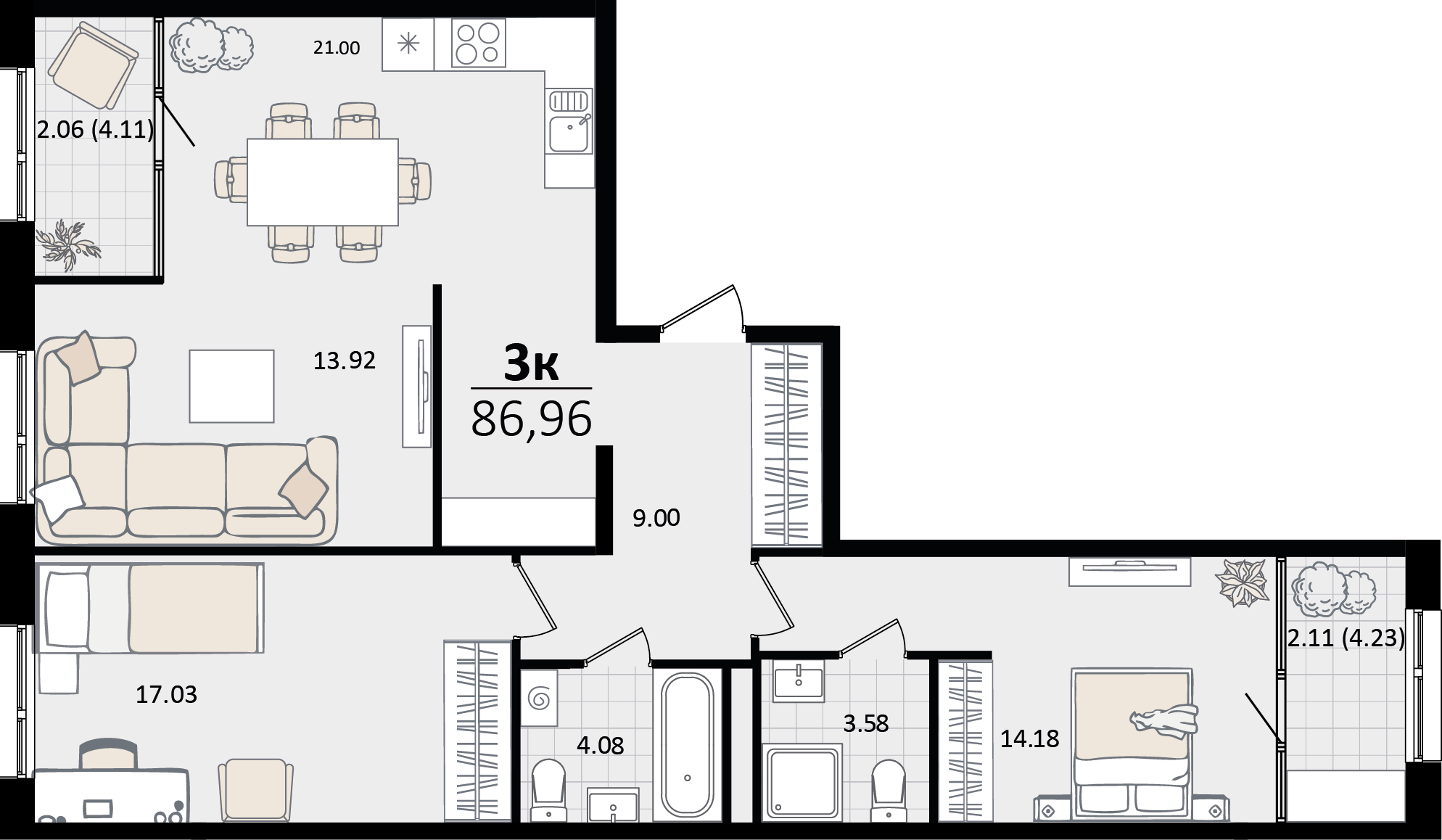 3 комн. квартира, 87 м², 3 этаж 