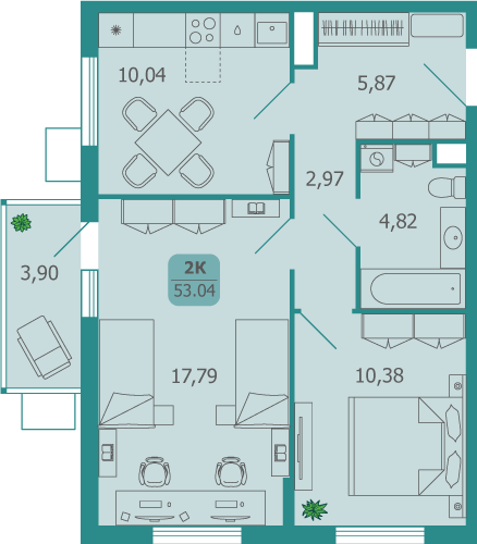 2 комн. квартира, 53.4 м², 14 этаж 