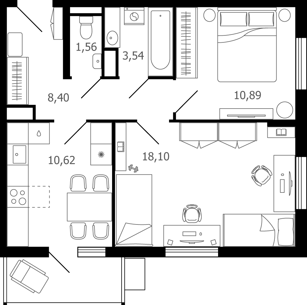 2 комн. квартира, 54.3 м², 13 этаж 