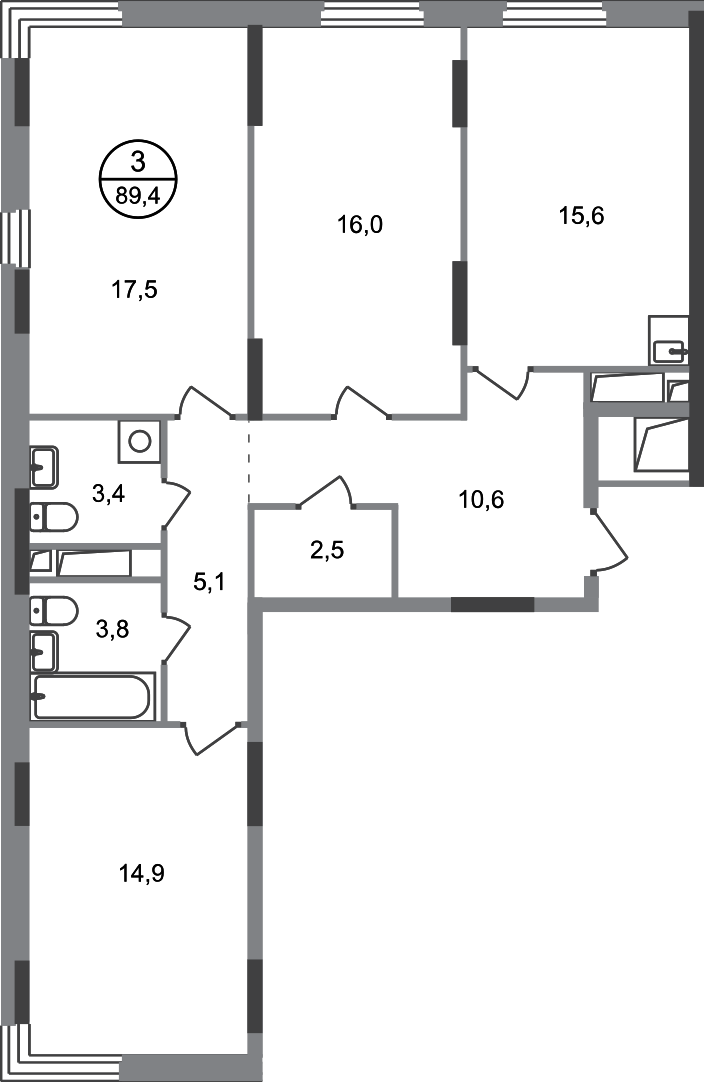 3 комн. квартира, 89.4 м², 14 этаж  (из 17)