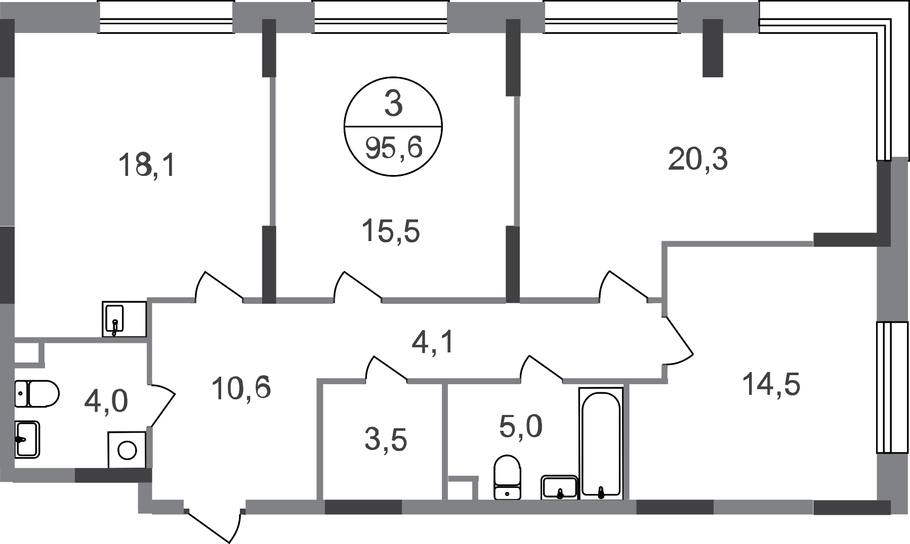 3 комн. квартира, 95.6 м², 1 этаж  (из 17)