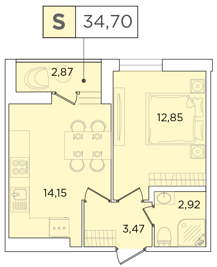 1 комн. квартира, 34.7 м², 1 этаж 