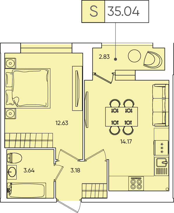 1 комн. квартира, 34.5 м², 1 этаж 
