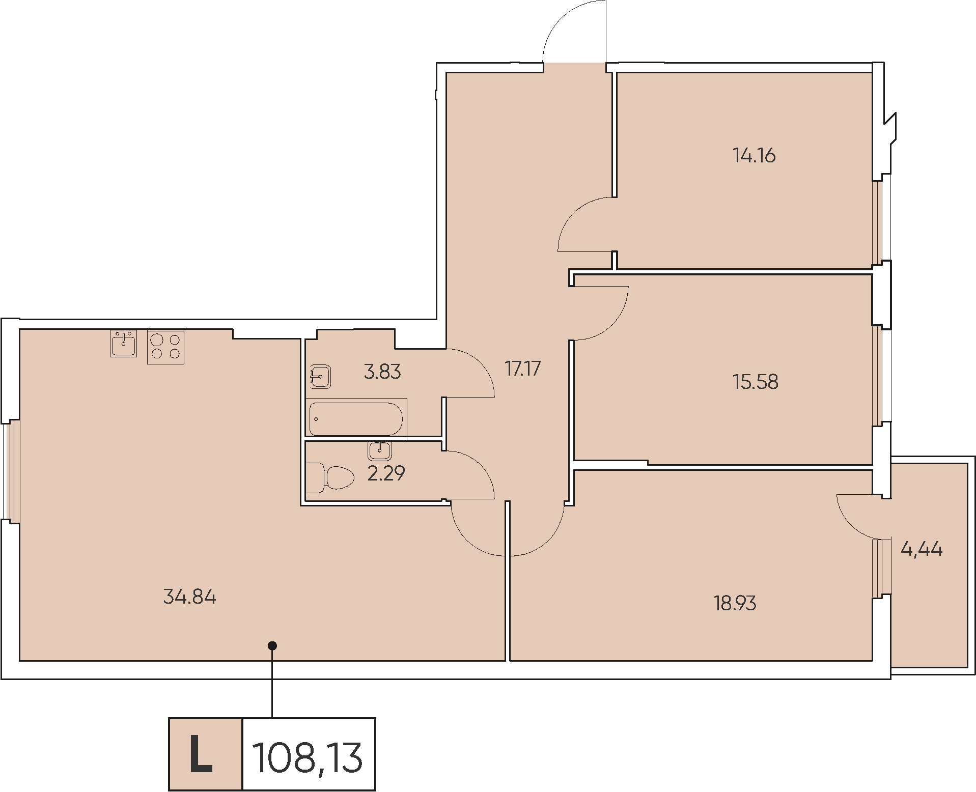 3 комн. квартира, 108.1 м², 8 этаж 