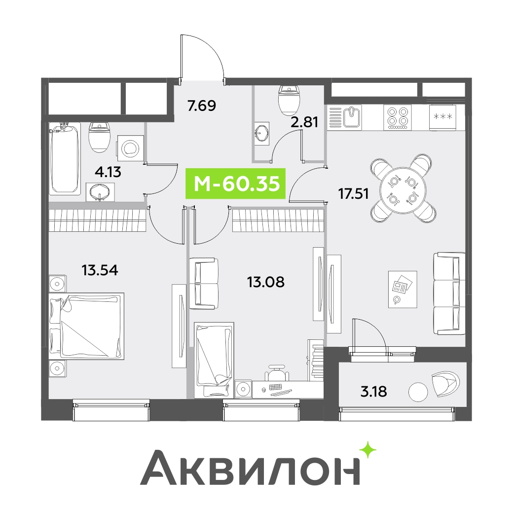 2 комн. квартира, 60.4 м², 2 этаж 