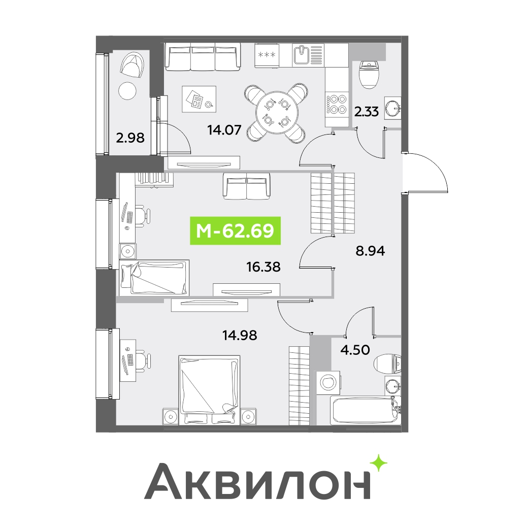 2 комн. квартира, 62.7 м², 12 этаж 