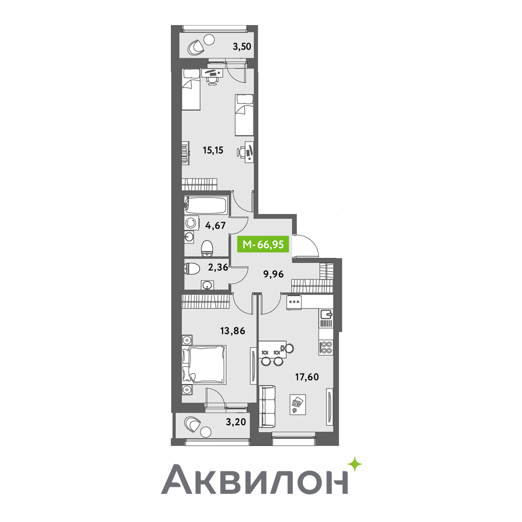 2 комн. квартира, 67 м², 2 этаж 