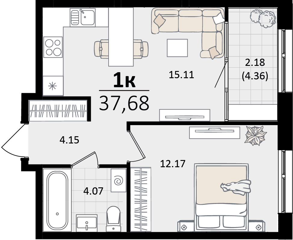 1 комн. квартира, 37.7 м², 14 этаж 