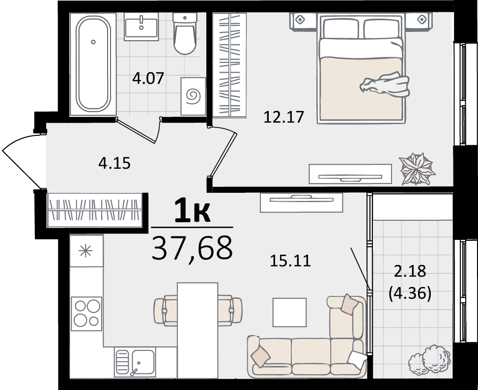 1 комн. квартира, 37.7 м², 14 этаж 