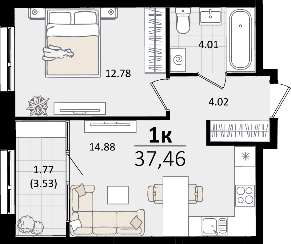 1 комн. квартира, 37.5 м², 2 этаж 