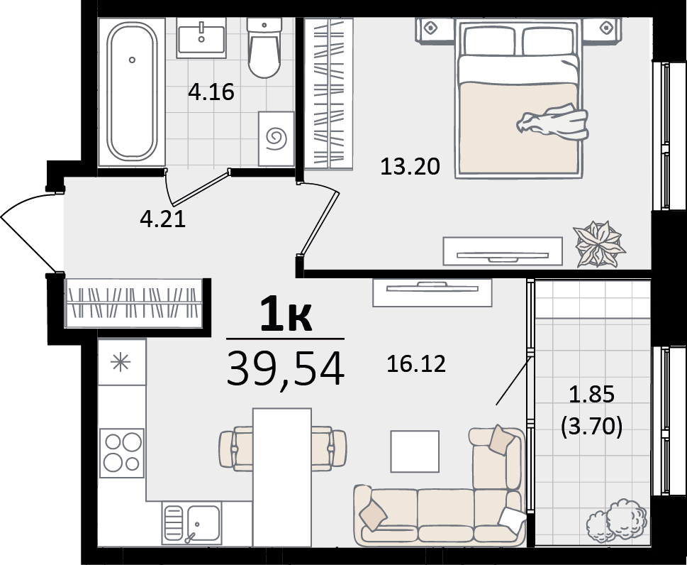 1 комн. квартира, 39.5 м², 2 этаж 