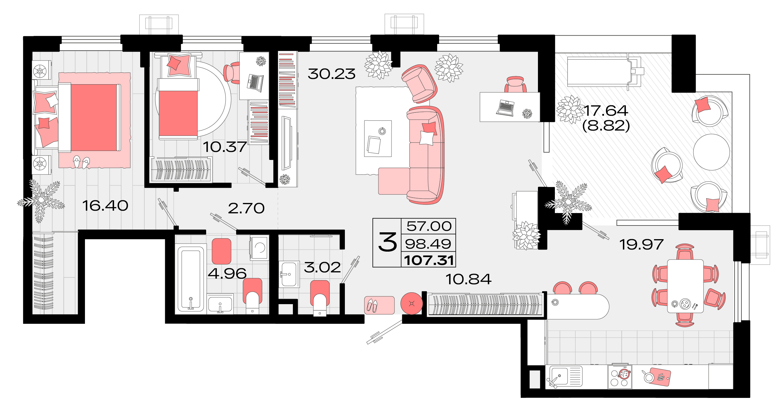 3 комн. квартира, 107.3 м², 14 этаж 