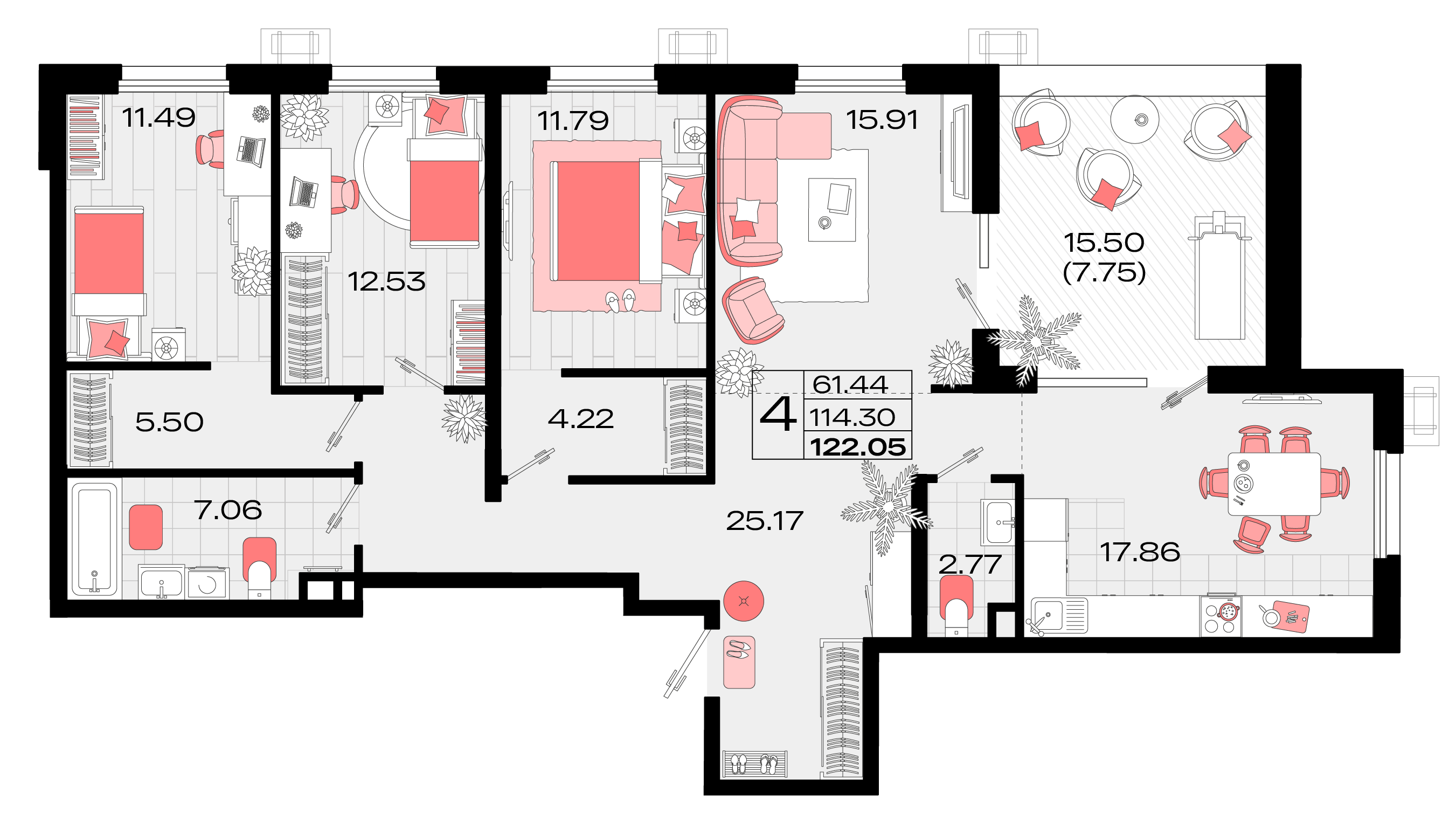 4 комн. квартира, 122 м², 14 этаж 