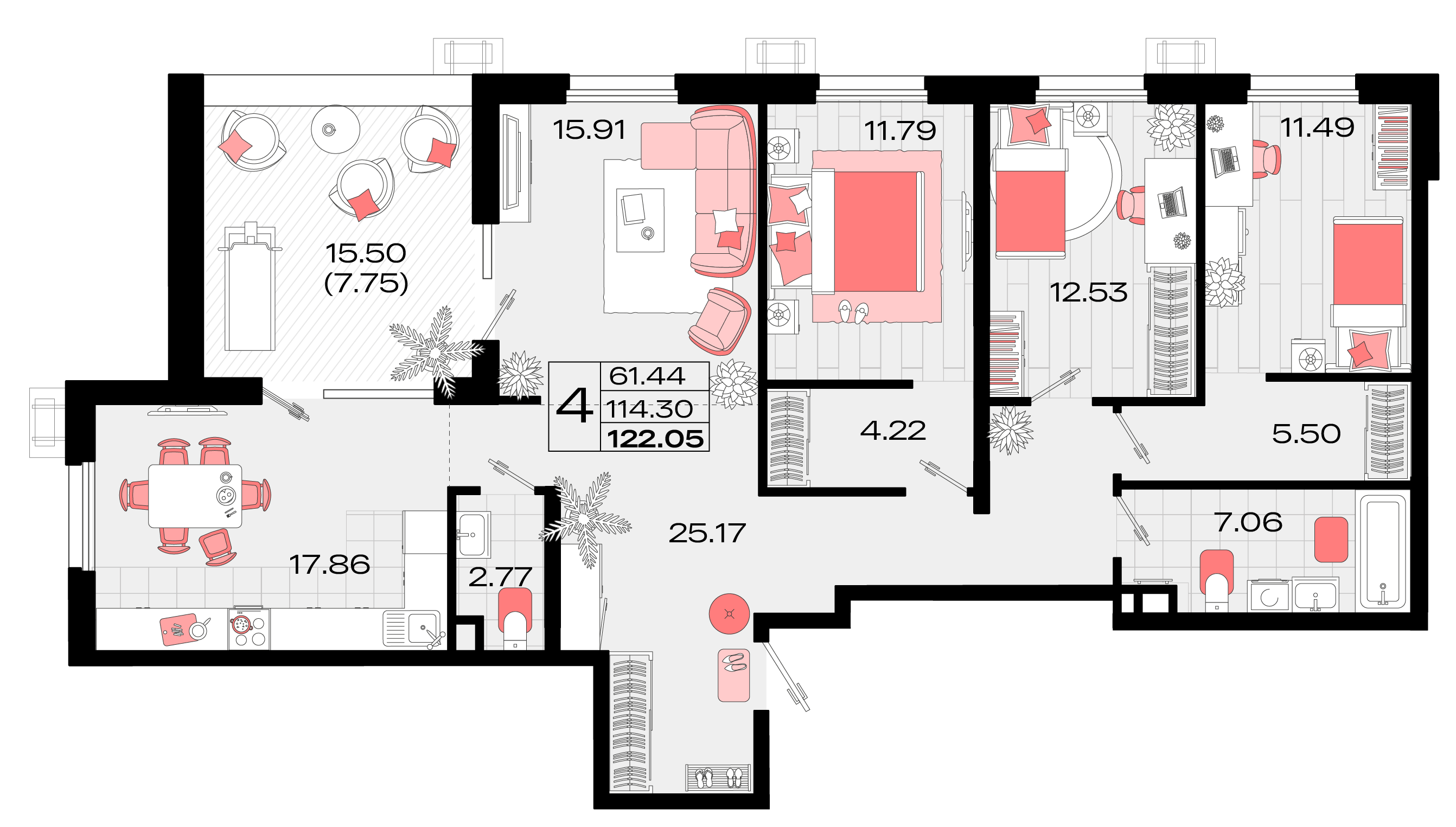 4 комн. квартира, 122 м², 14 этаж 