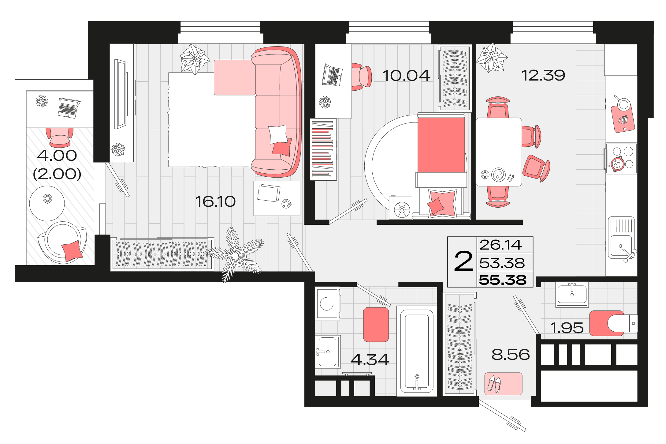 2 комн. квартира, 55.4 м², 7 этаж 