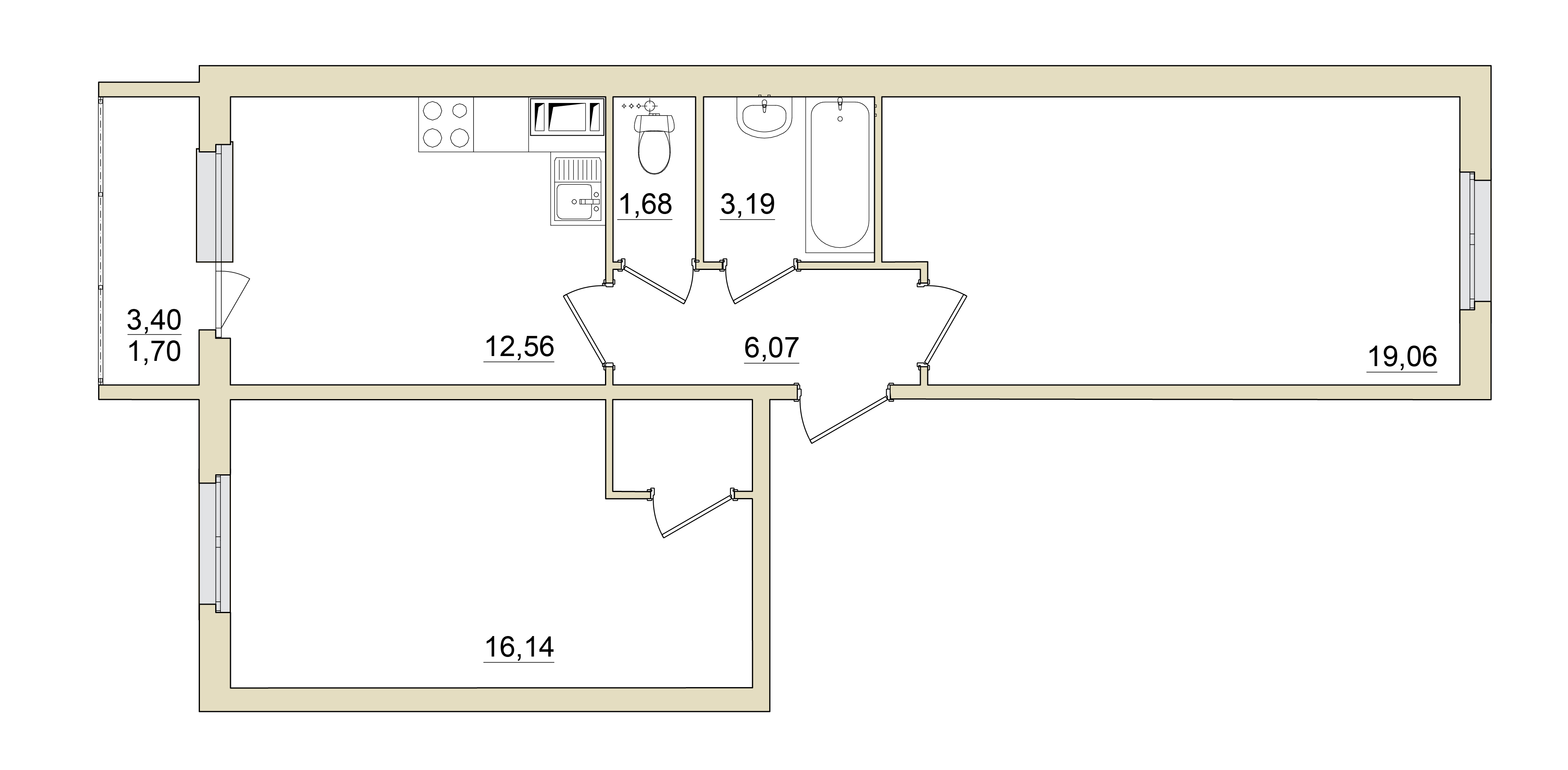 2 комн. квартира, 60.2 м², 3 этаж 