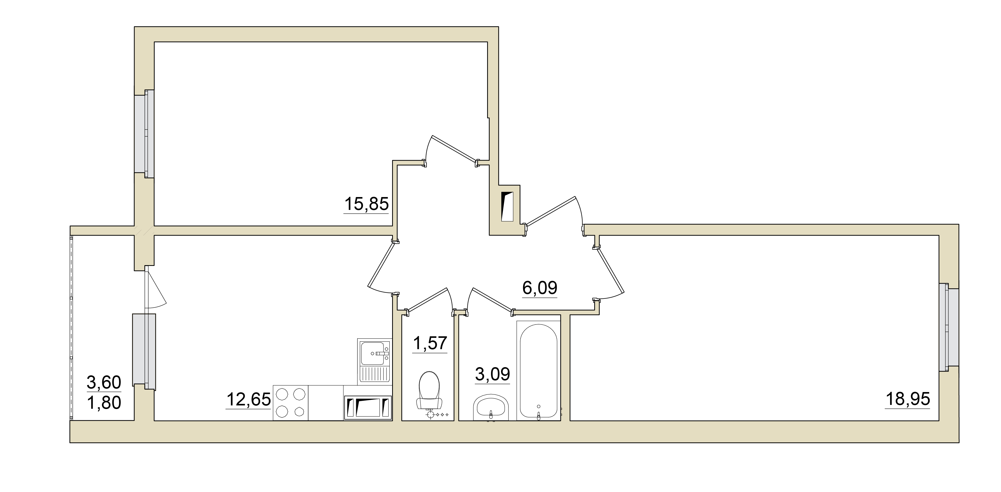 2 комн. квартира, 60.4 м², 3 этаж 