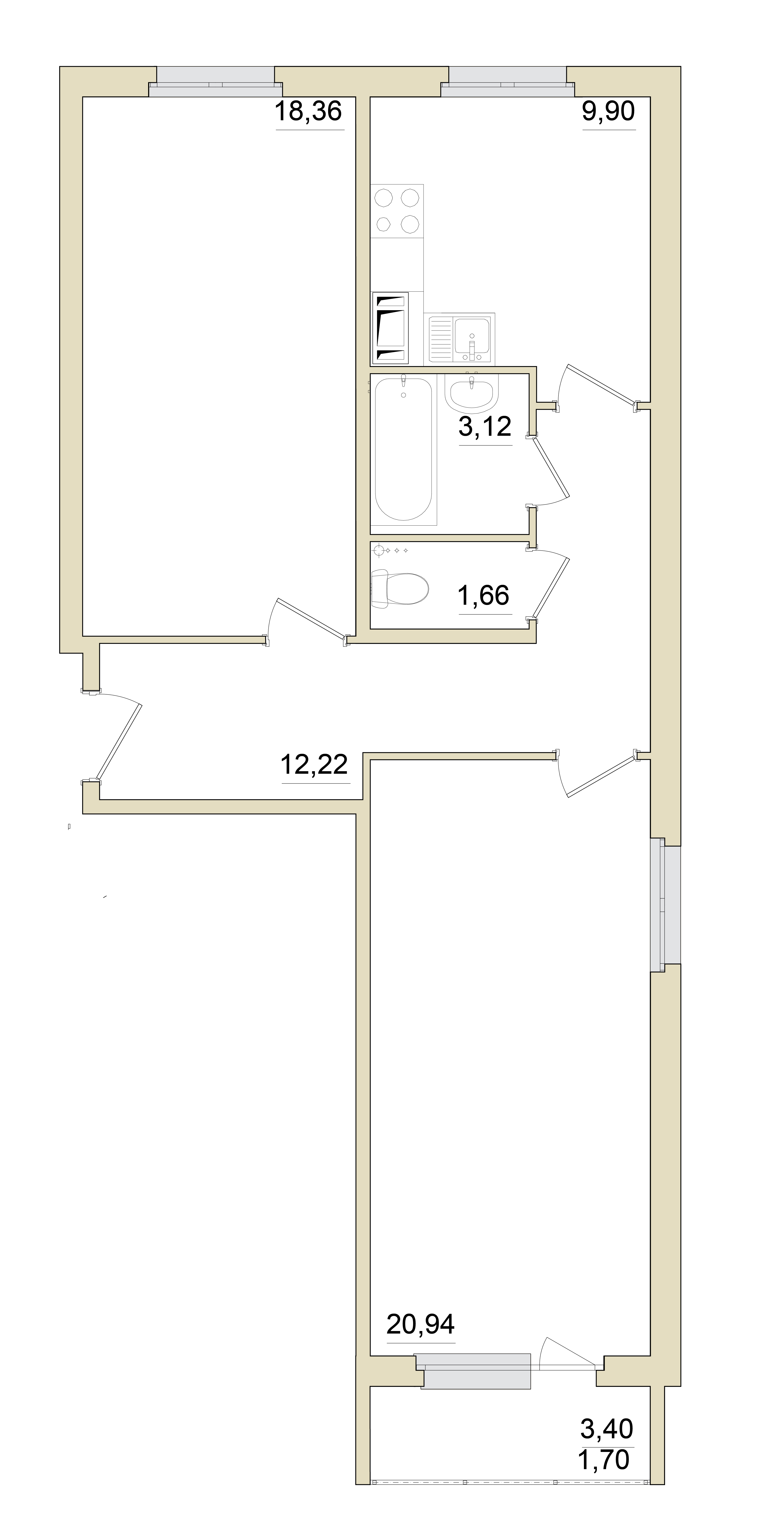 2 комн. квартира, 68.1 м², 1 этаж 