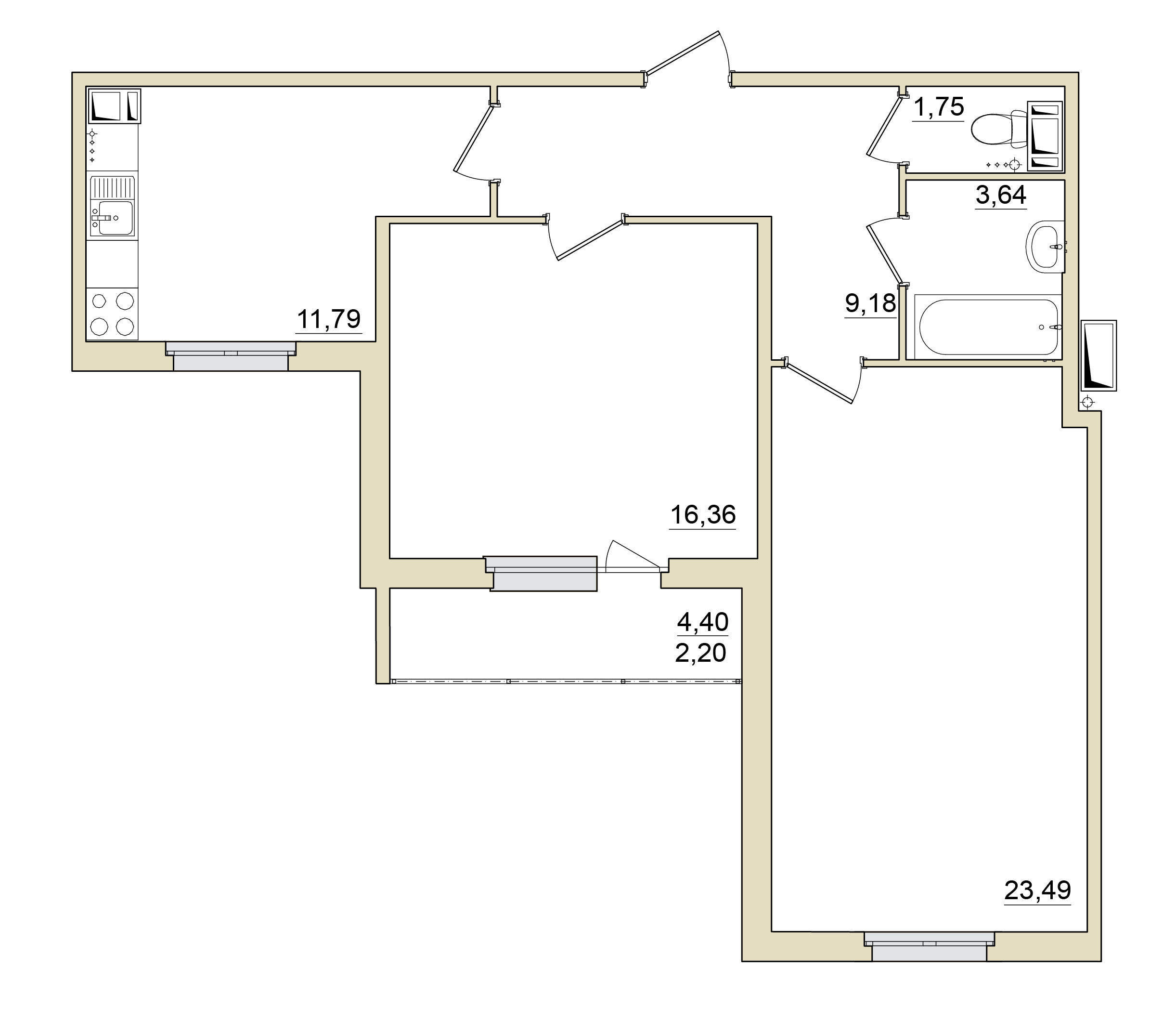 2 комн. квартира, 68.6 м², 2 этаж 