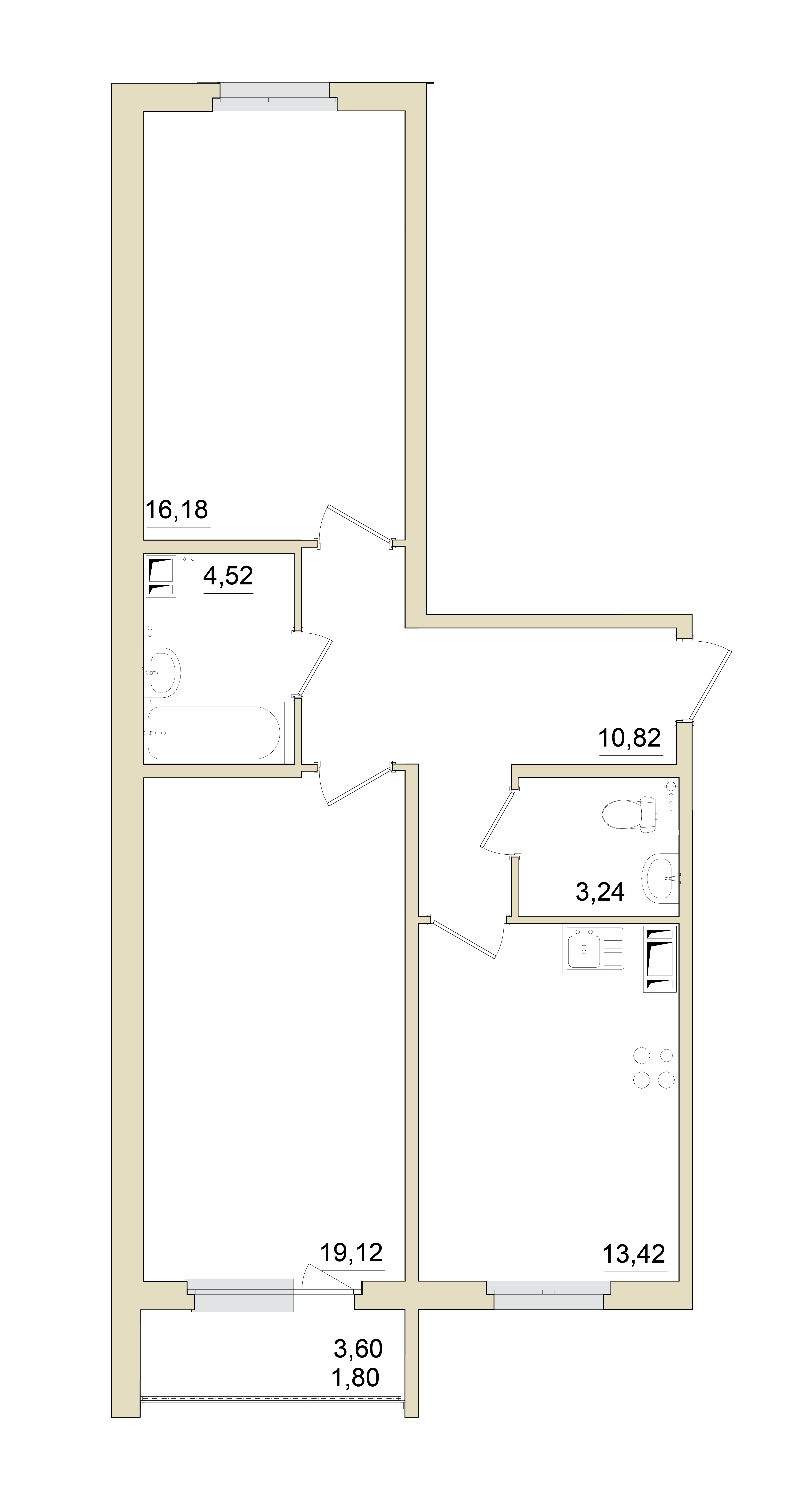 2 комн. квартира, 69 м², 3 этаж 
