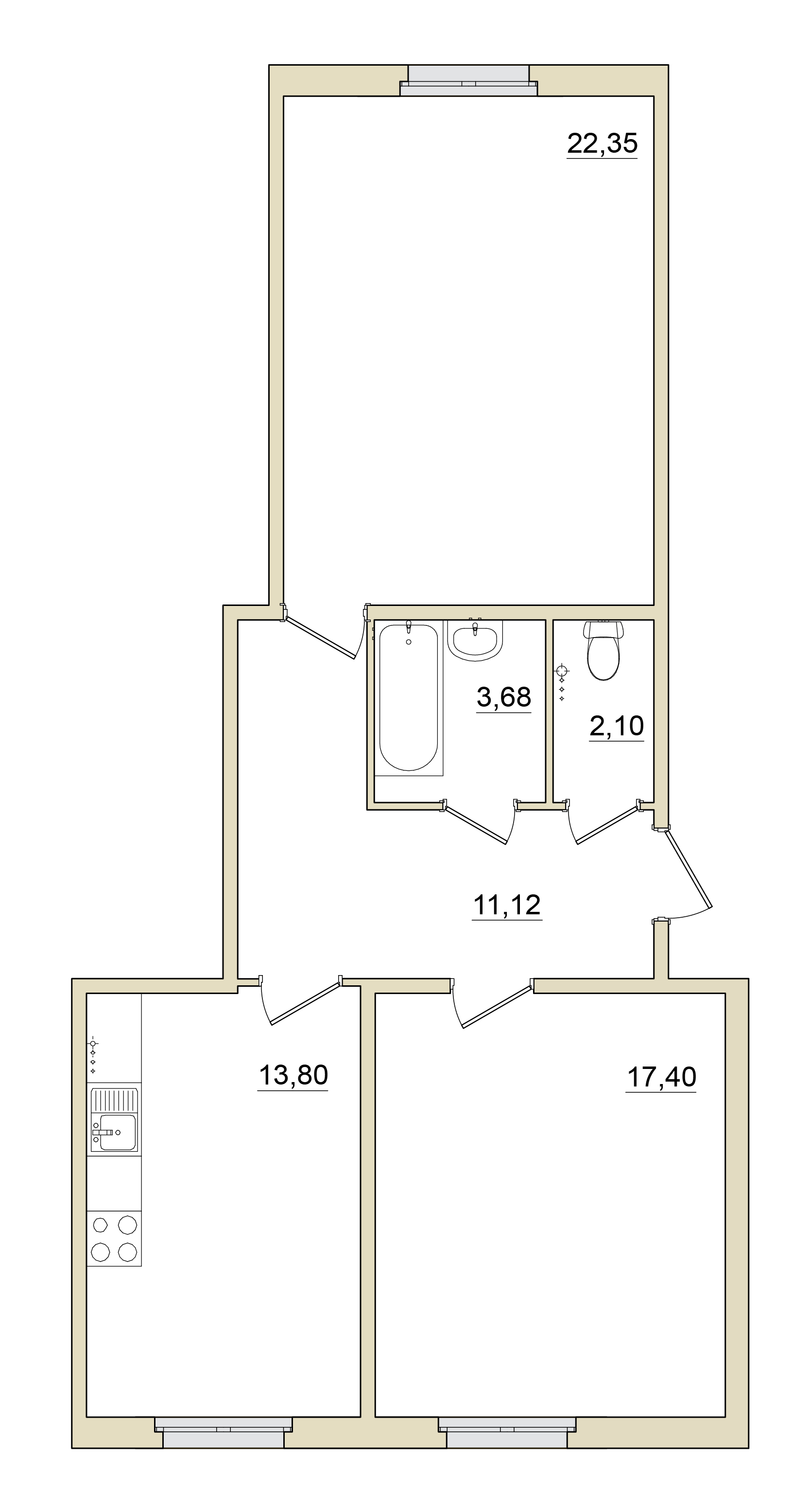2 комн. квартира, 71.1 м², 1 этаж 