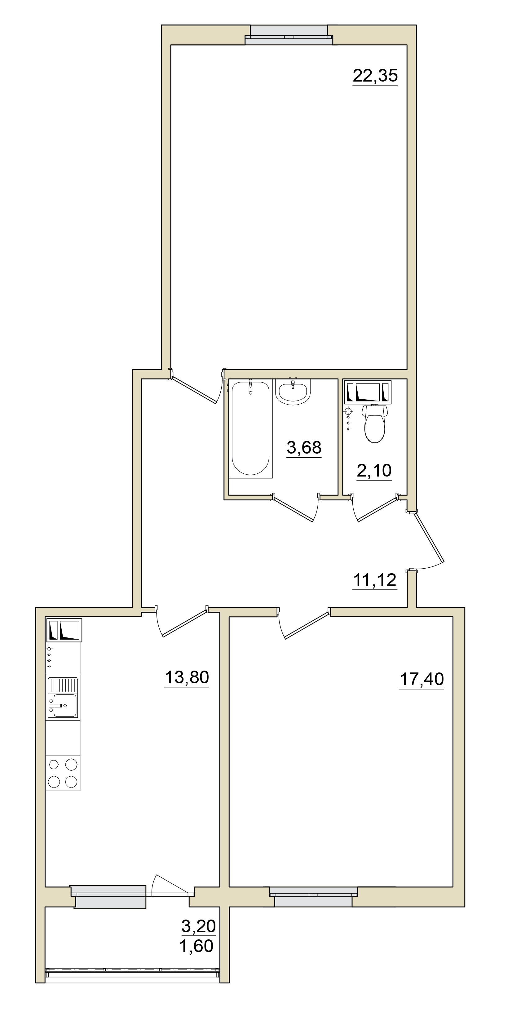 2 комн. квартира, 72 м², 6 этаж 