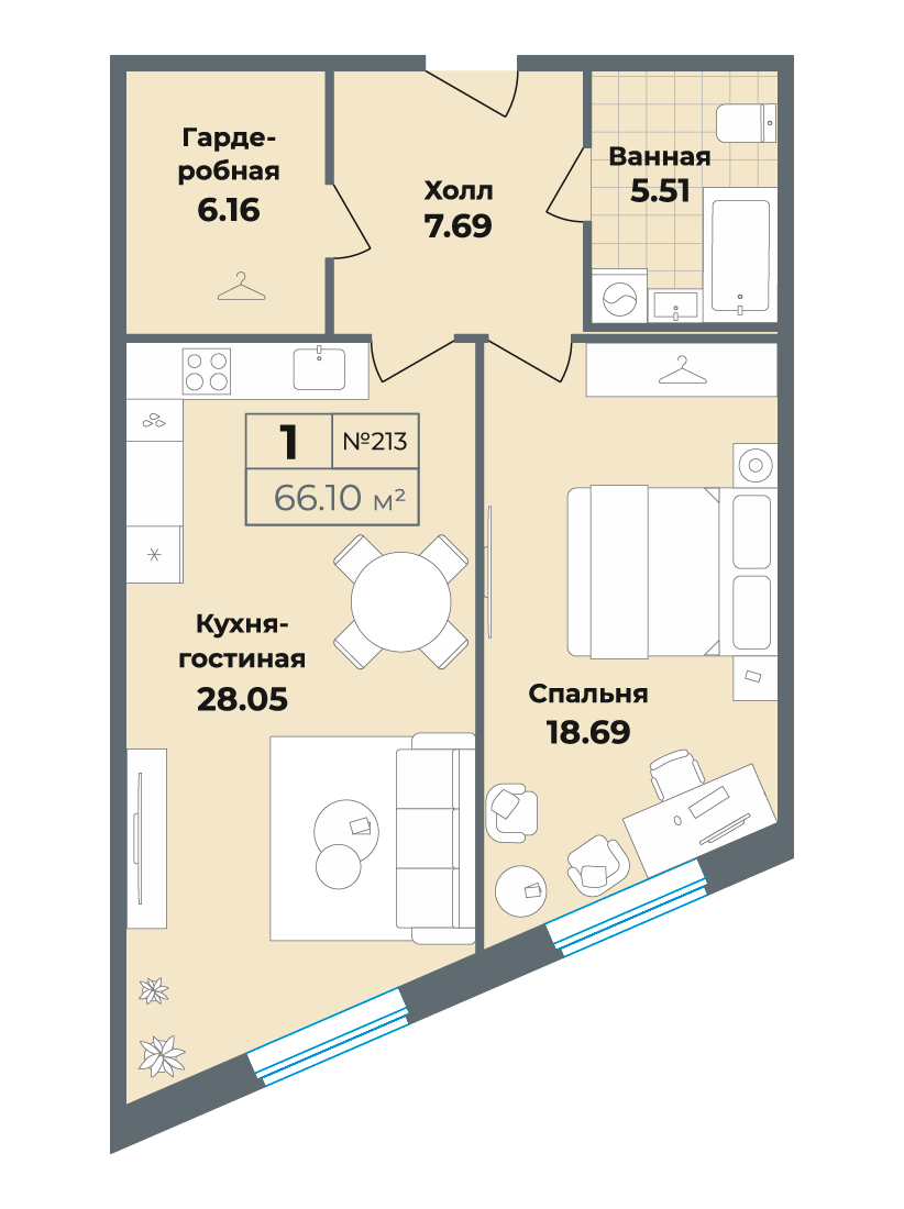 квартира со свободной планировкой, 66.1 м², 2 этаж 