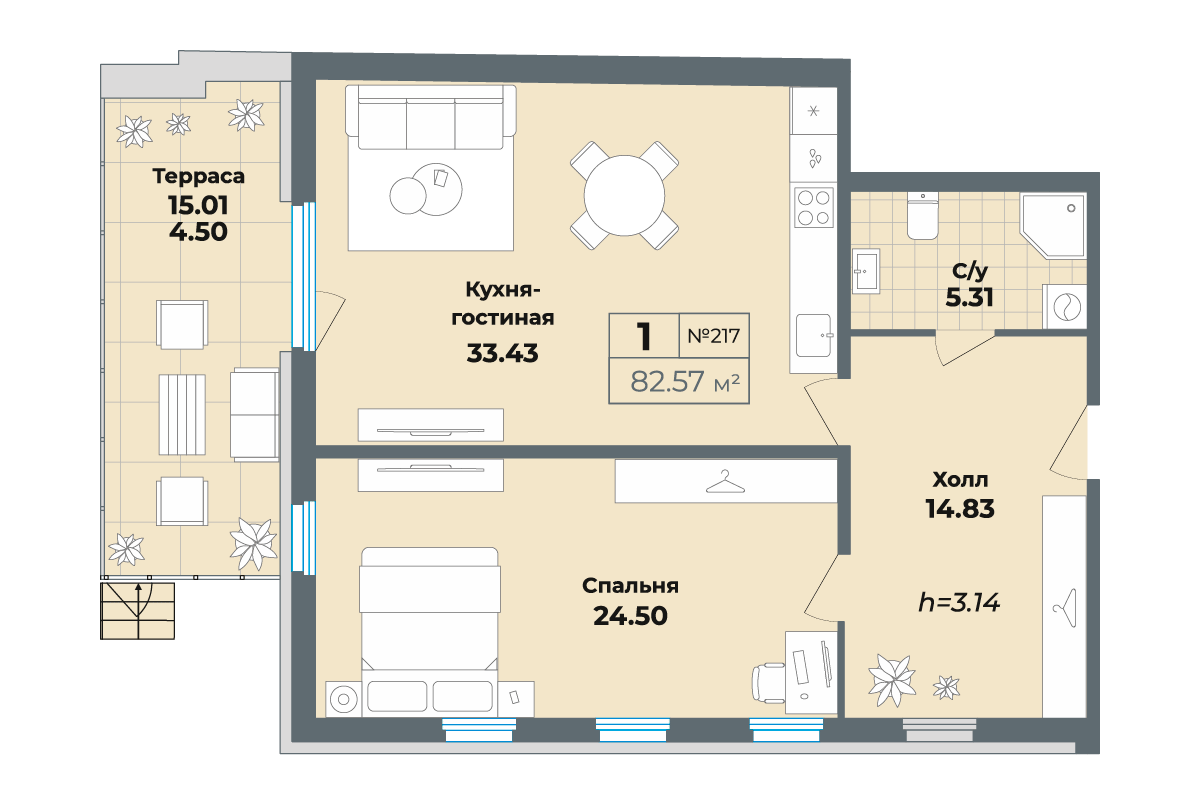 квартира со свободной планировкой, 78.1 м², 2 этаж 