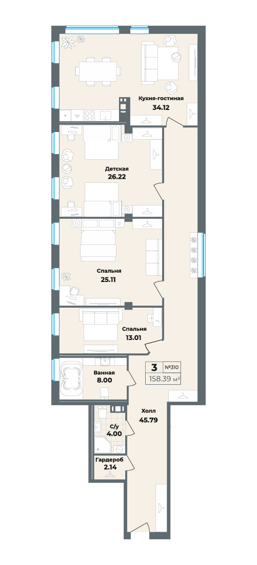 3 комн. квартира, 158.4 м², 3 этаж 
