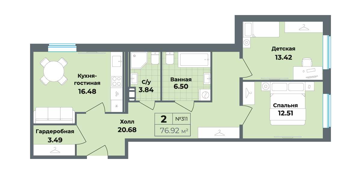 2 комн. квартира, 76.9 м², 3 этаж 