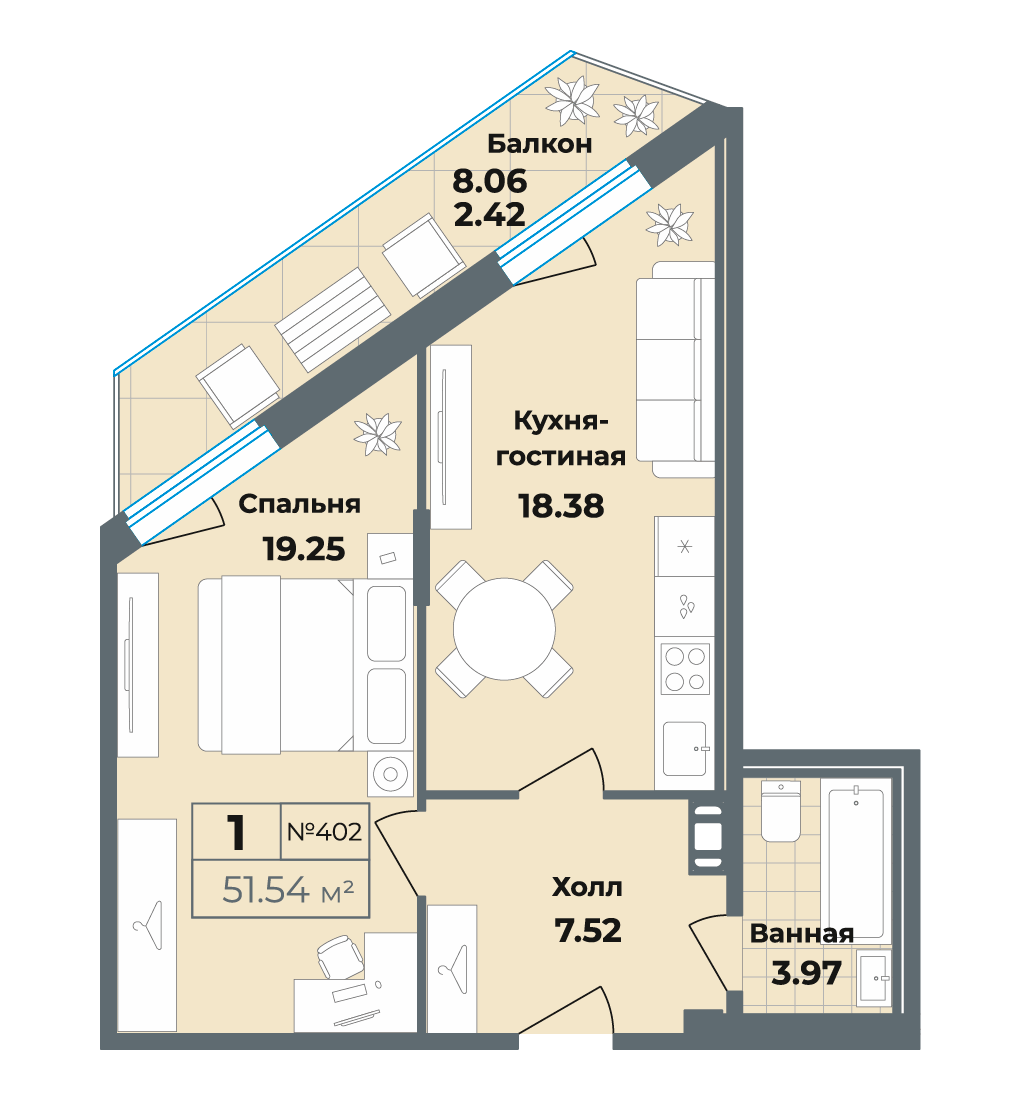 1 комн. квартира, 49.1 м², 4 этаж 