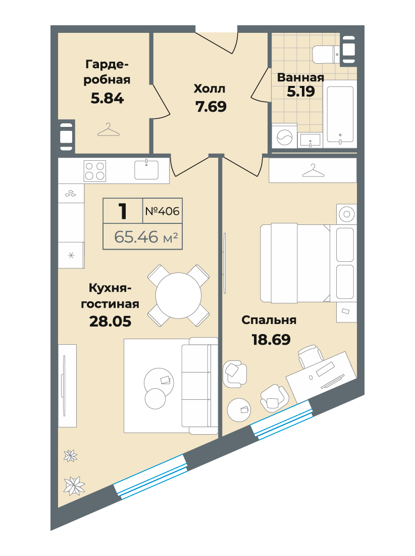 квартира со свободной планировкой, 65.5 м², 4 этаж 