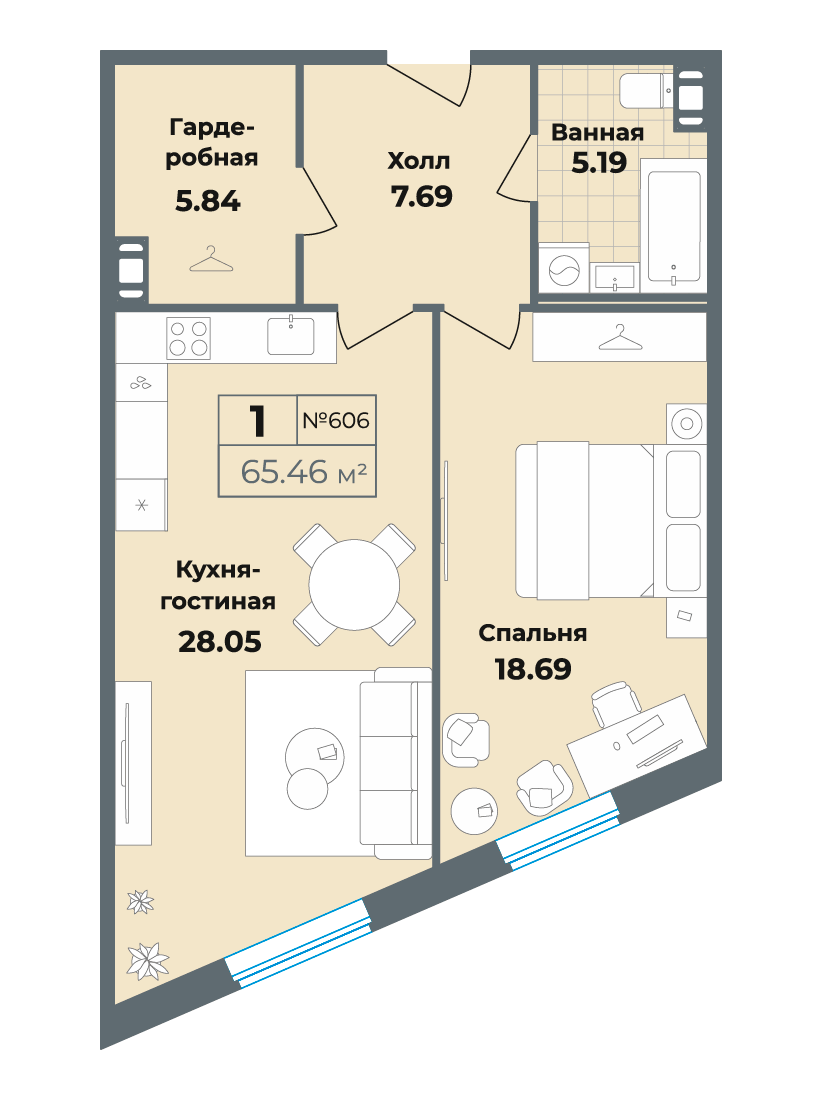квартира со свободной планировкой, 65.5 м², 6 этаж 