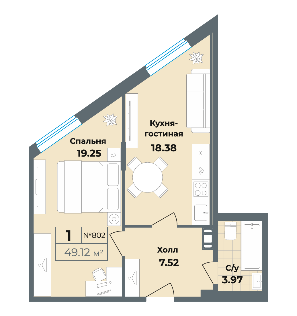 1 комн. квартира, 49.1 м², 8 этаж 
