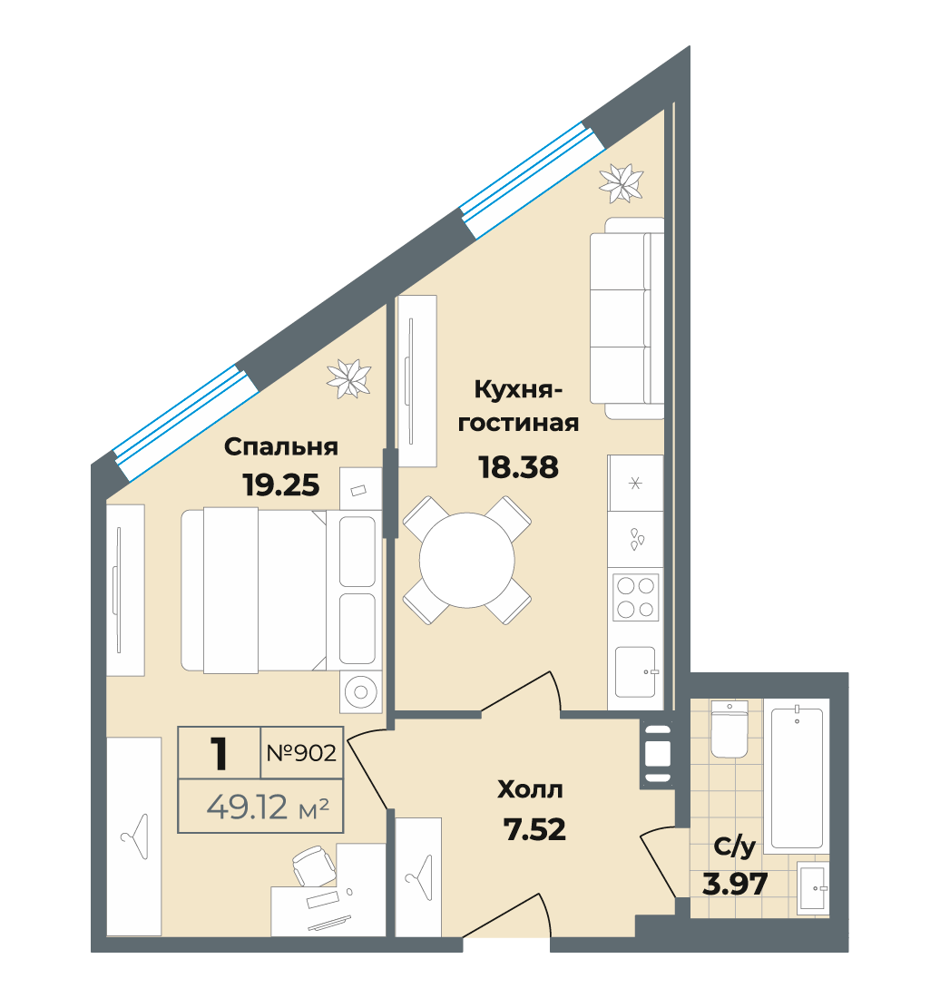 1 комн. квартира, 49.1 м², 9 этаж 