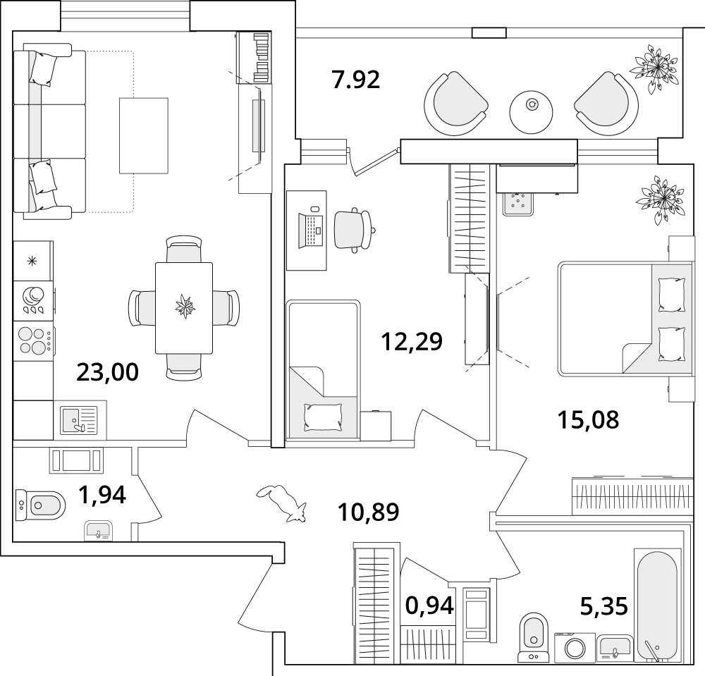 2 комн. квартира, 73.5 м², 4 этаж 