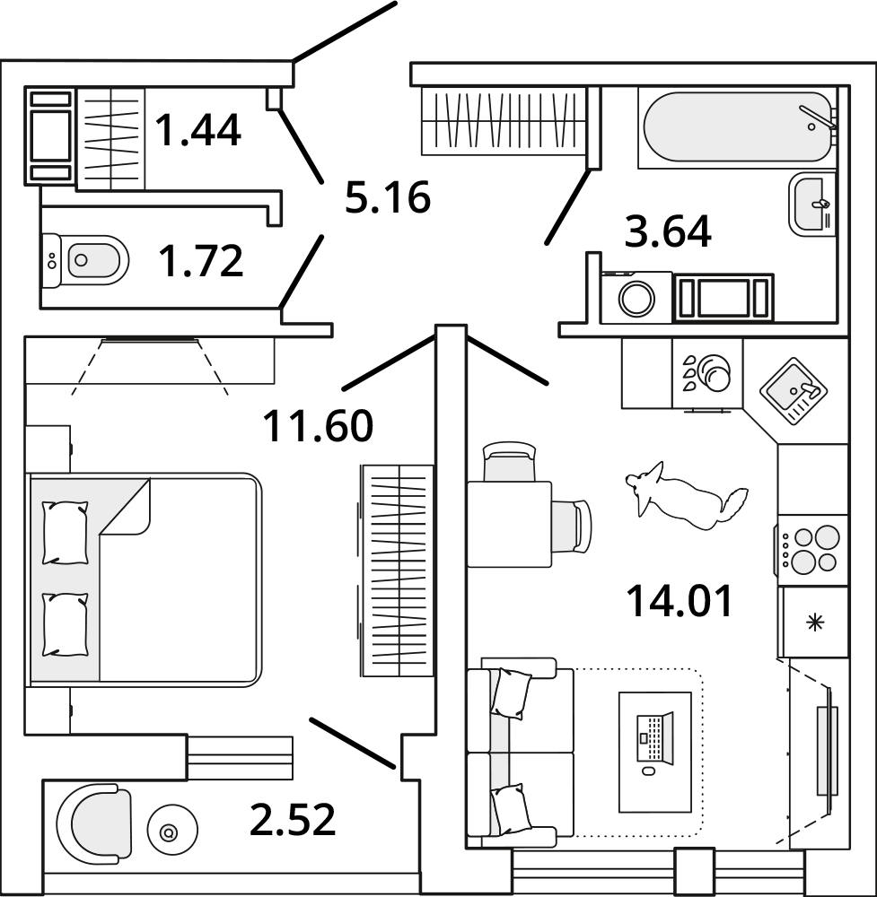 1 комн. квартира, 38.8 м², 8 этаж 