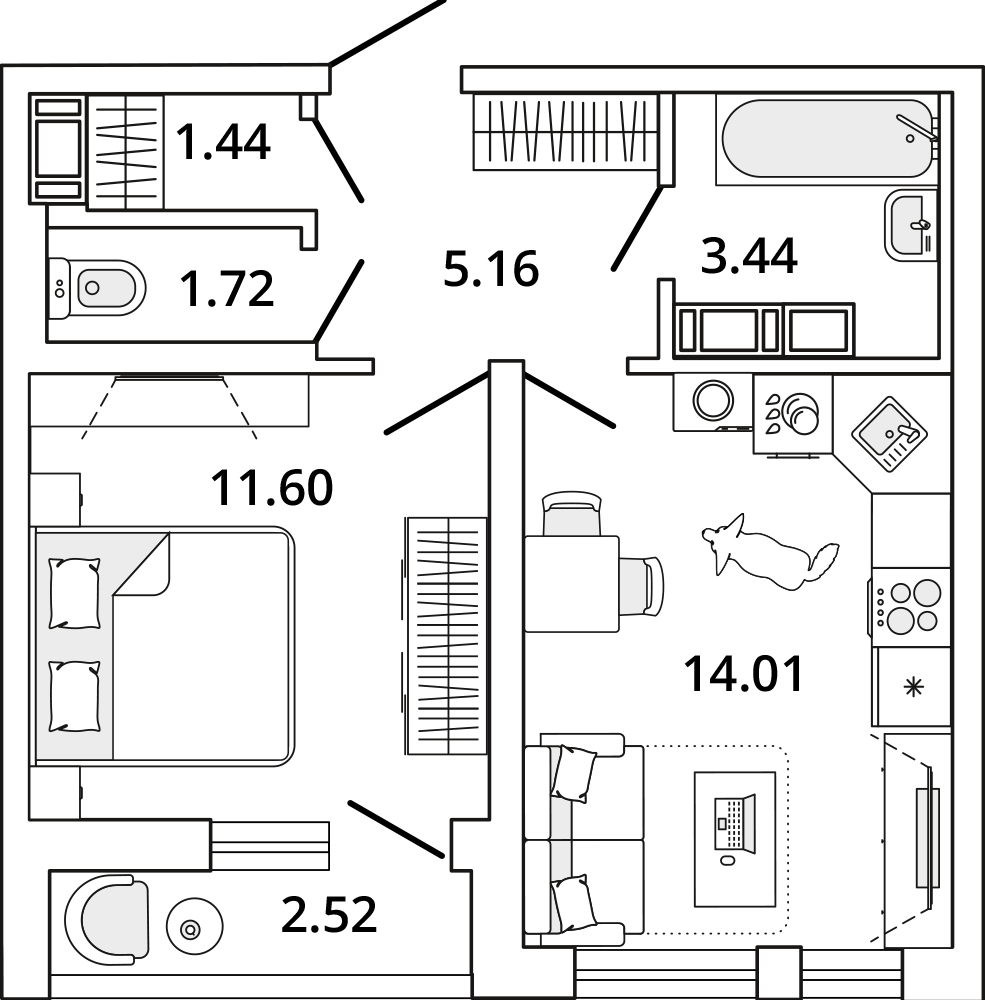 1 комн. квартира, 38.6 м², 12 этаж 
