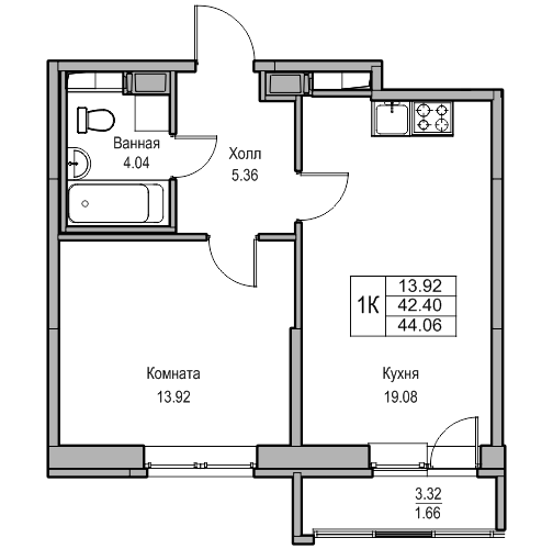 2 комн. квартира, 44.1 м², 16 этаж 