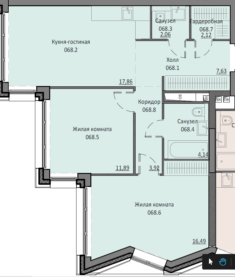 2 комн. квартира, 66.2 м², 12 этаж 