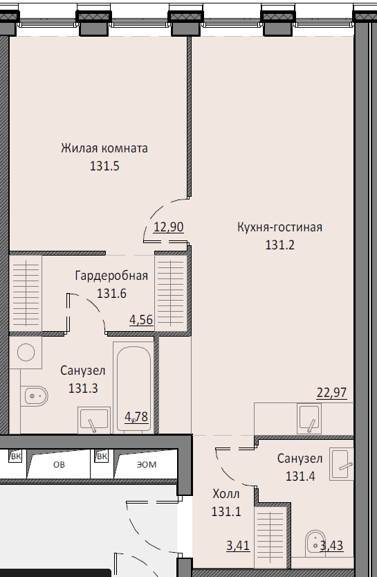 1 комн. квартира, 52.3 м², 3 этаж 