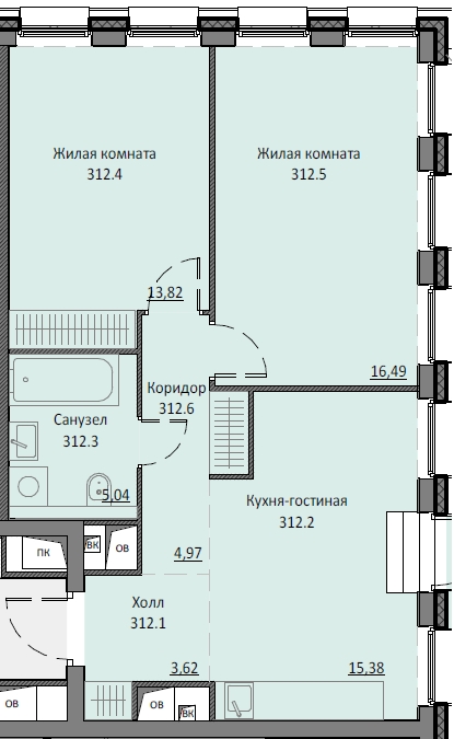 2 комн. квартира, 59.1 м², 8 этаж 