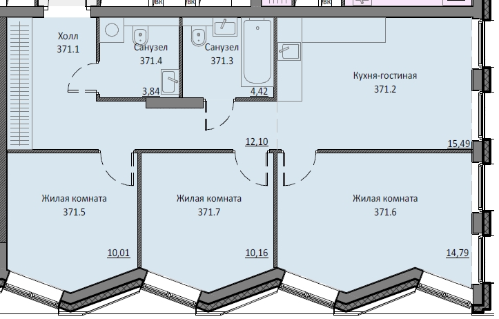 3 комн. квартира, 69.7 м², 15 этаж 