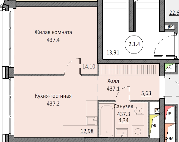1 комн. квартира, 37.2 м², 2 этаж 