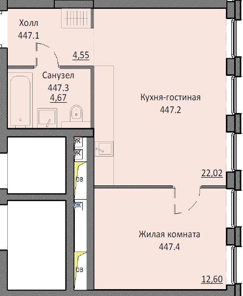 1 комн. квартира, 44 м², 2 этаж 