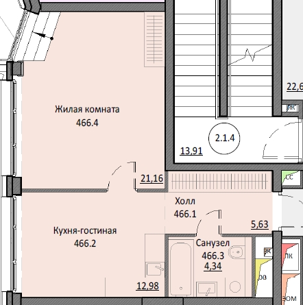 1 комн. квартира, 44.1 м², 12 этаж 
