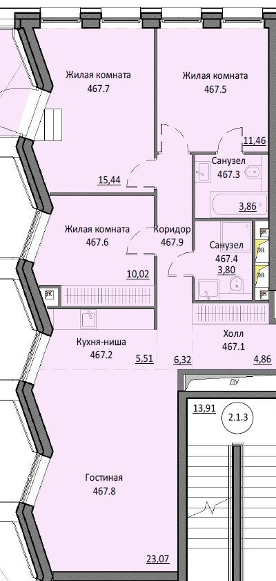 3 комн. квартира, 82.8 м², 13 этаж 